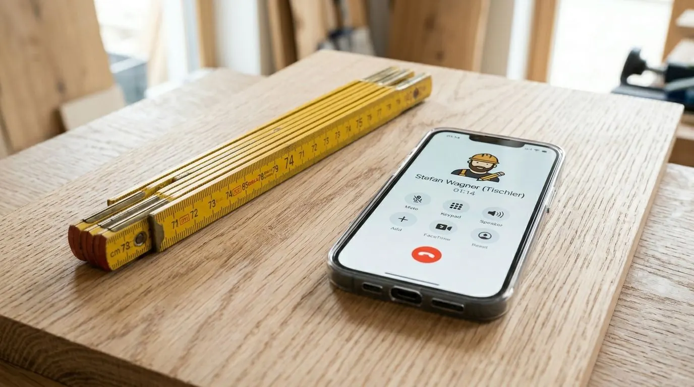 Zollstock und Smartphone auf Holzplatte, Handwerk und Kontaktaufnahme