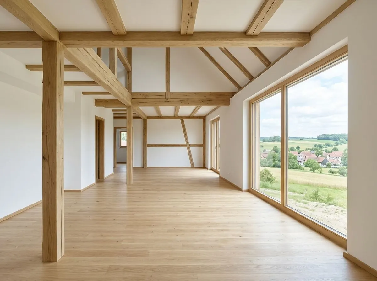 Ausgebauter Wohnraum mit sichtbarem Fachwerk-Tragwerk und Landschaftsblick